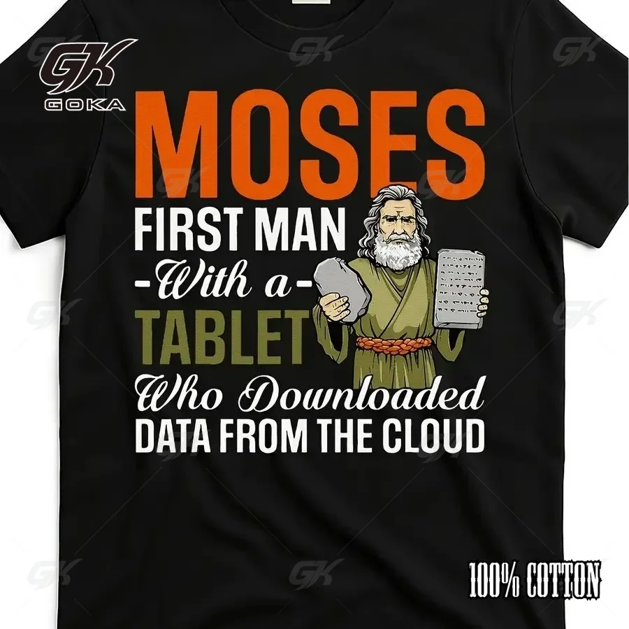 Funny Moses First Man with A Tablet Graphic T-Shirt Humorous Religious Tech Joke Casual Cotton Short Sleeve Tee Tops