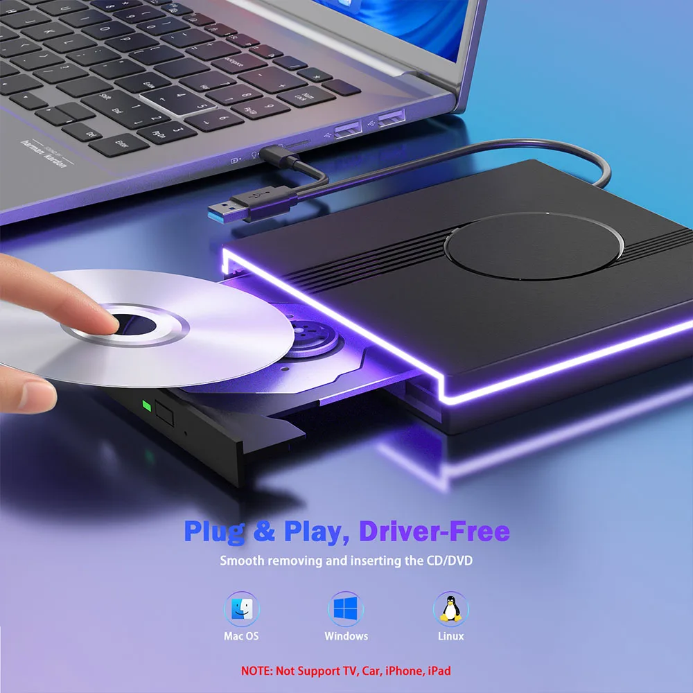 RGB External CD/DVD Drive for Laptop PC,USB 3.0 Type-C Portable DVD Player,CD Burner +/-RW Optical Drive for Windows10/11 Mac OS