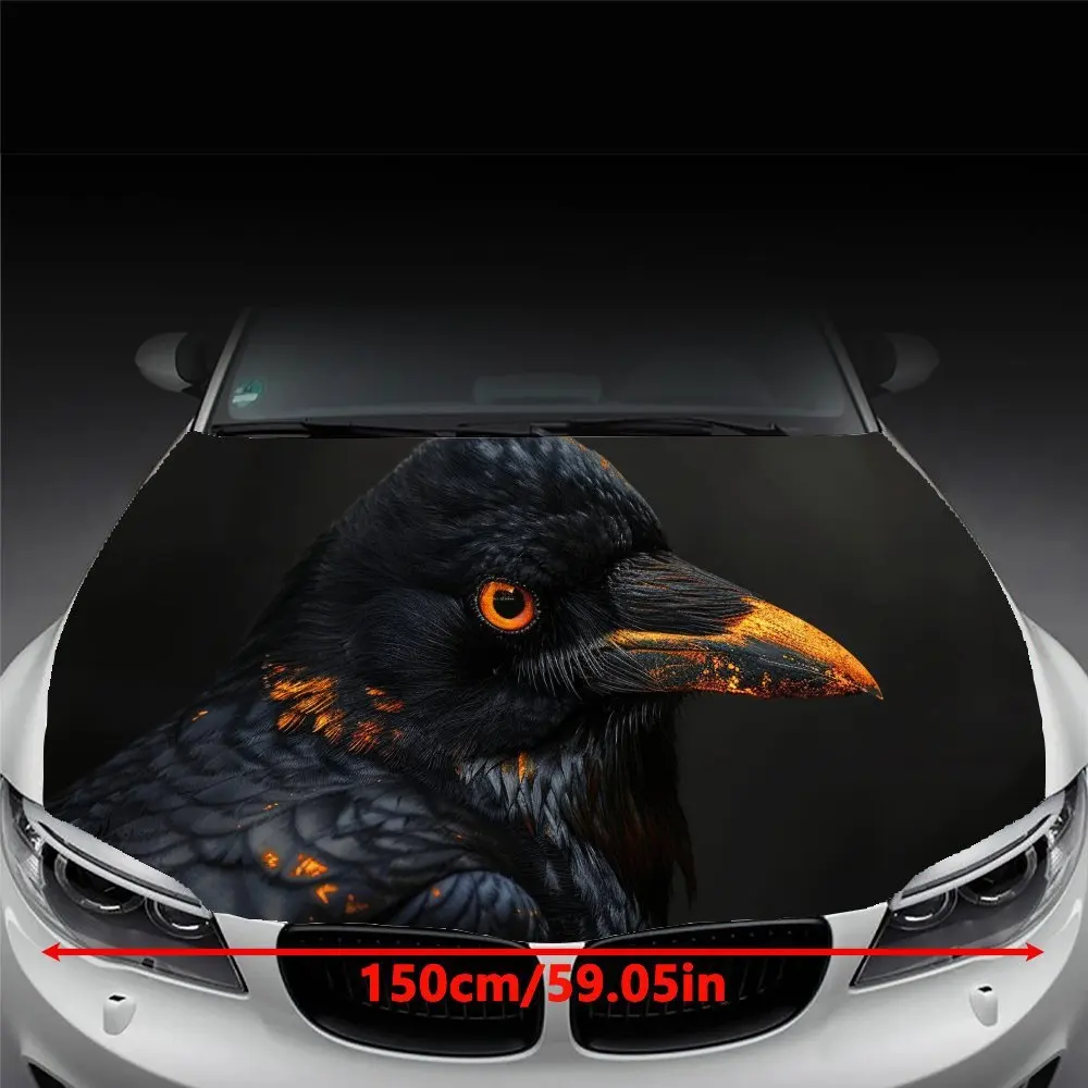 Striking Raven with Orange Eyes Car Engine Hood Vinyl Wraps Sticker, Auto Exterior Device, Waterproof Self-adhesive Automotive C