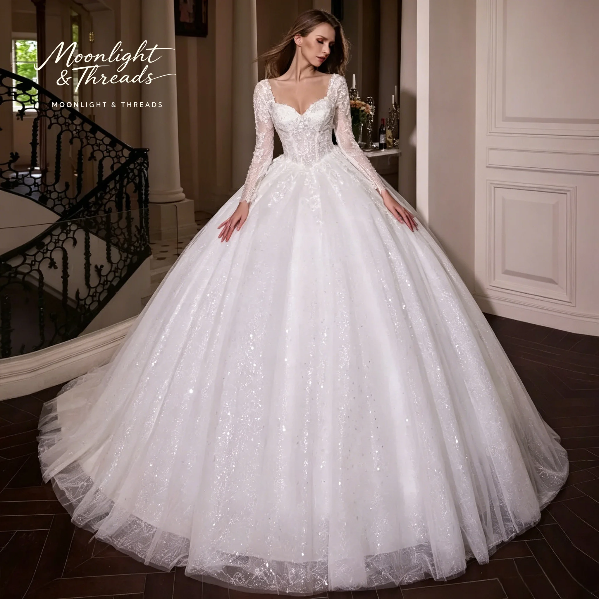Classic White Strapless Floor-Length Formal Wedding Dress with Long Sleeves And Embroidery Sparkling Details