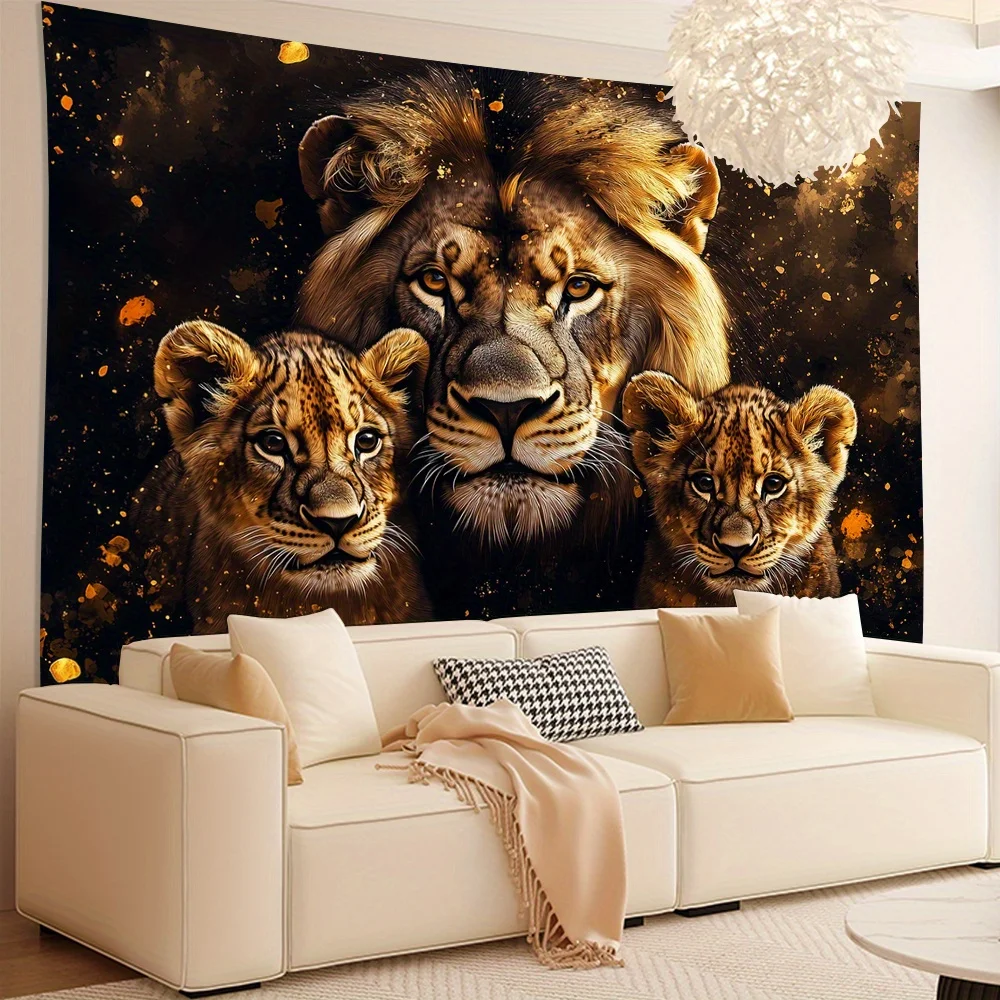 Serene Lion Pride Landscape Tapestry, Majestic Lion Family Golden Splatter Wildlife Scenery Wall Cloth For Home Cozy Backdrop