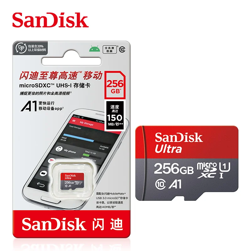 Original SanDisk A1 Speicherkarte 256 GB 128 GB 100 MB/S 64 GB 32 GB Micro-SD-Karte Klasse 10 UHS-1 Flash Microsd TF + Typ-C-Kartenleser 8
