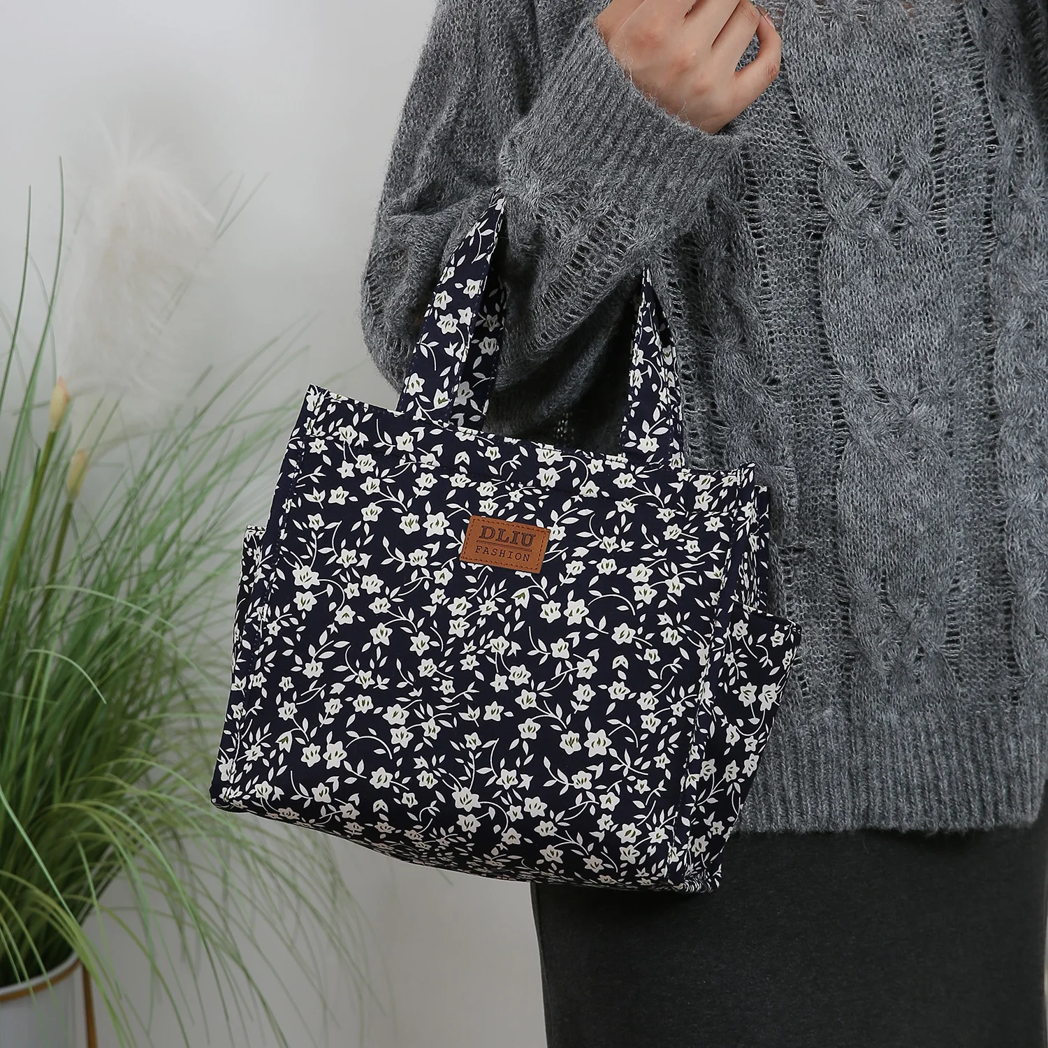 Neue Handtasche aus verdicktem Stoff mit Blumenmuster, Lunch-Tasche, tragbare Lunchbox-Aufbewahrungstasche, Reißverschluss-Design, multifunktionale Tragetasche – Detail 22