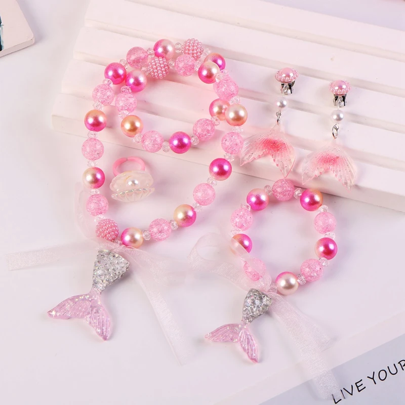 Baby Girls Beads Necklace Set Fashion Mermaid Tail Pendant Child Kids Adjustable Lovely Necklace Charm Chunky Jewelry For Gift