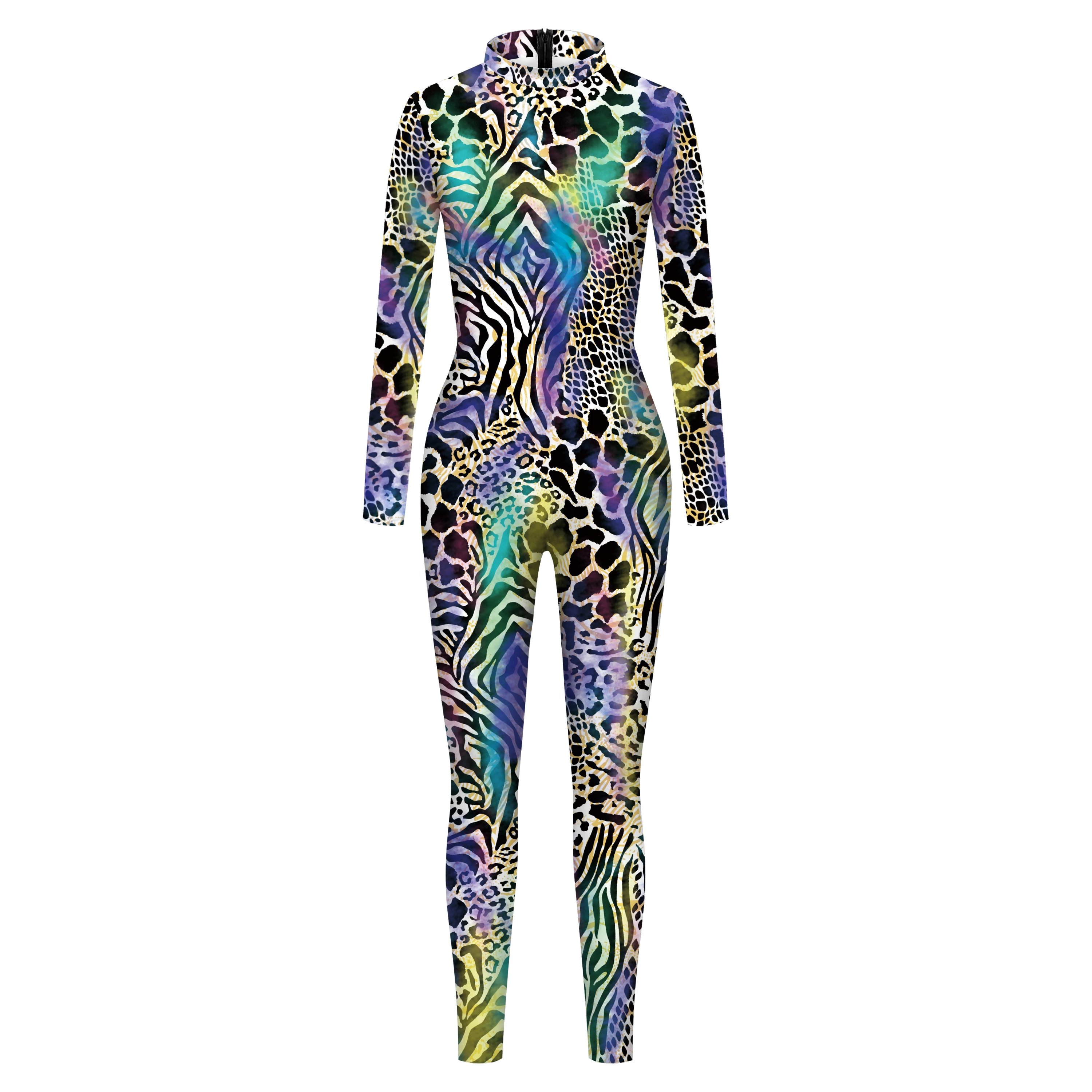 Snake Skin Pattern Jumpsuit Halloween Cosplay Costume Animal 3D Printing Bodysuit Party Zentai Adult Long Sleeve Catsuit