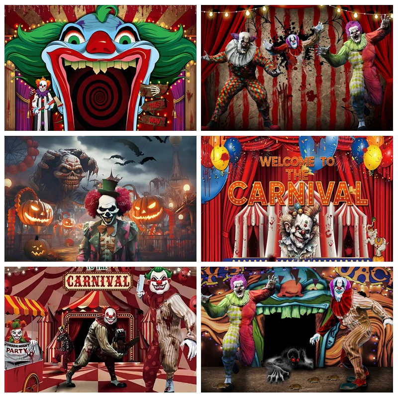 

Haunted Carnival Halloween Backdrop Creepy Clown Dark Carousel Scene Spooky Amusement Park Photography Background Shooting Props