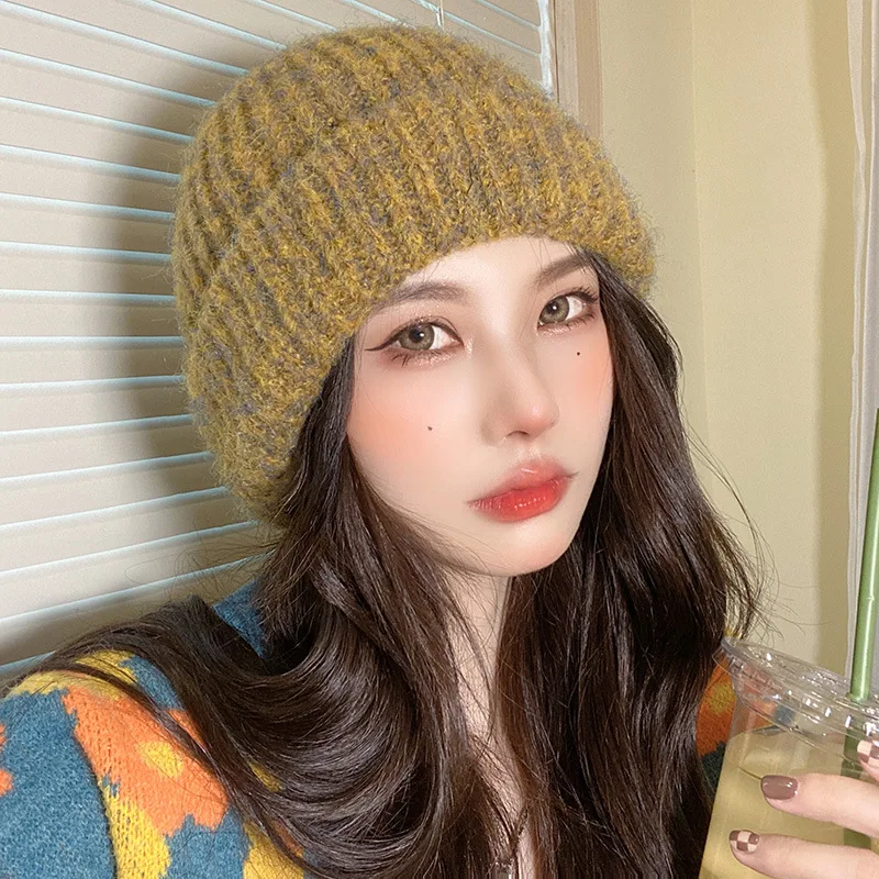 Vintage Heather Mix‑Color Ribbed Knit Beanie for Women Thick Roll‑Up Cuff Slouchy Knitted Hat Multicolor Winter Street Headwear