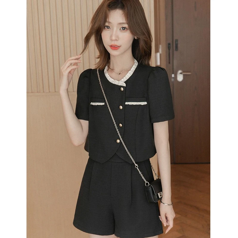 

2024 Summer Women Slim Balck Shirts Shorts Two Piece Set Korean Lady Graceful Patchwork Tops Pants Outfits Clothing Suits Female