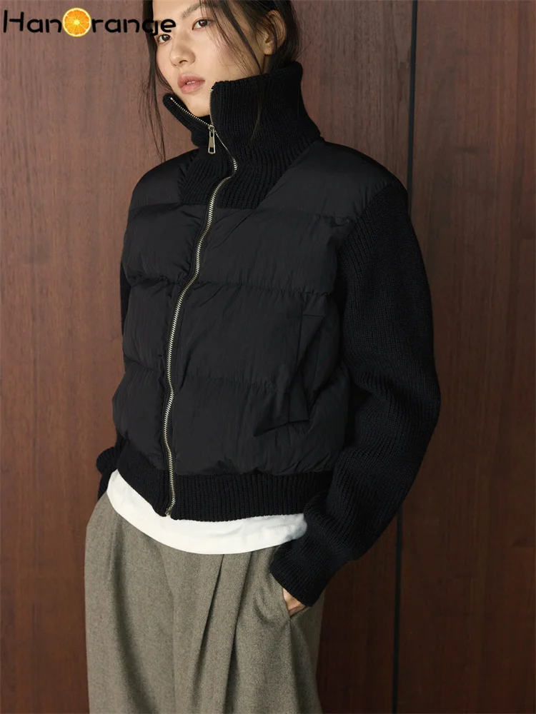 HanOrange 2026 Winter Fashion Simple High Collar Spliced Knitted Short Parkas Women Warm Silhouette Jacket Black/Apricot