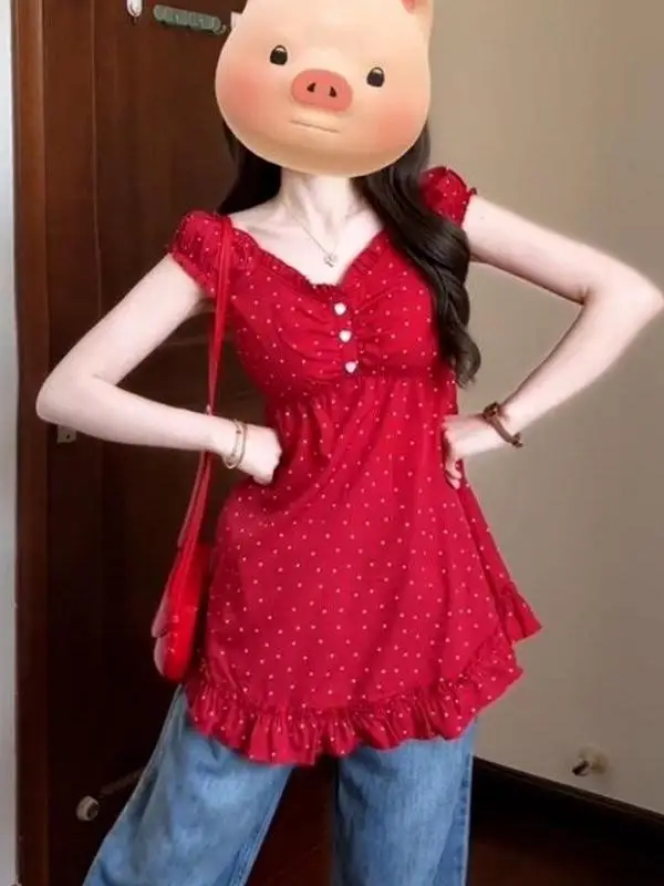 

Sweet Korean Style Red Polka Dot Chiffon Top Loose Short Sleeve Summer New Arrival for Young Women V-Neck Button Detail