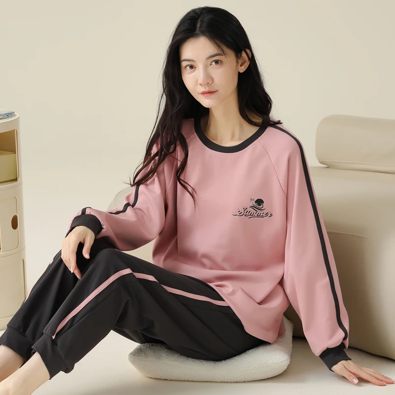 

Spring and autumn long-sleeved ladies 100% cotton pajama set O Neck loungewear Korean sports can be worn outside Sleepwear