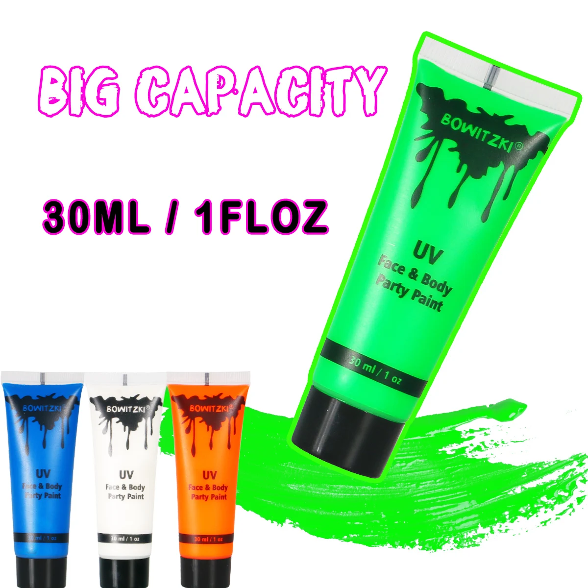 Bowitzki UV Body Paint 8 x 30ml Neon Face Paint Set 1 oz Black Light Glow Makeup Kit Fluorescent Face Paints for Music Festivals