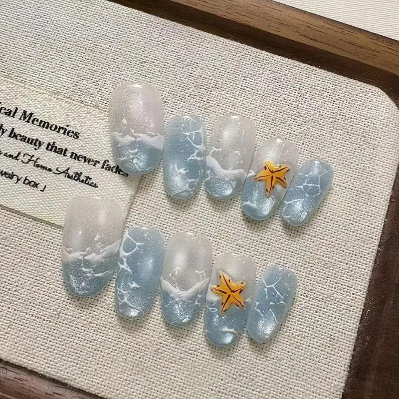 Handmade Press On Nails Summer Wave Ripple Starfish Full Coverage Nail Tips For Women&Girl Detachable Wearable Nail Art