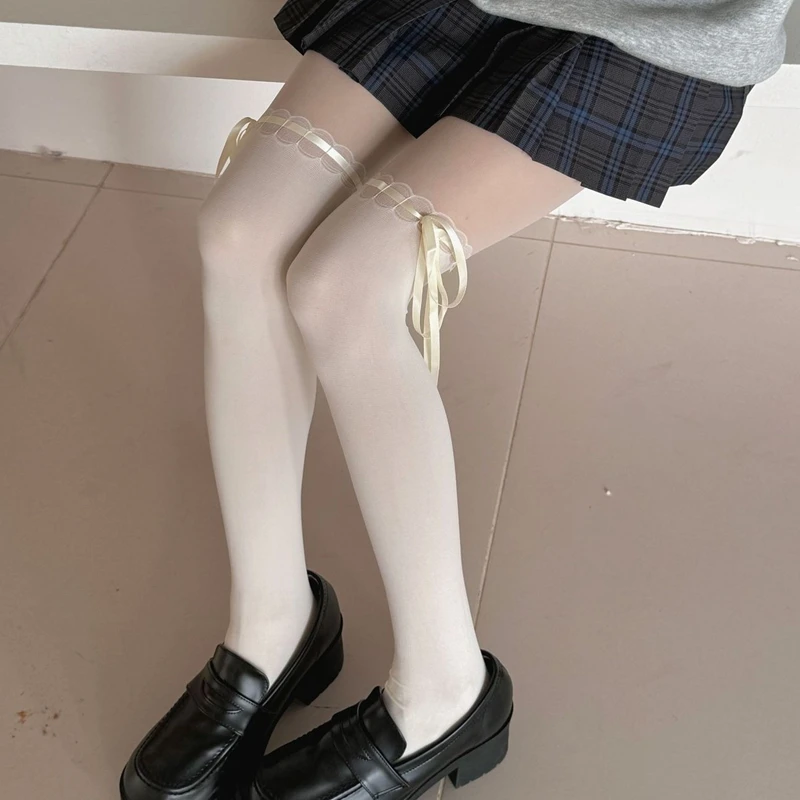 Lolita Styles Mädchen Strumpfhosen Süße Schleife Kawaii Strümpfe für Frauen Halbtransparente Strumpfhosen JK Studenten Hochelastische Lange Socken