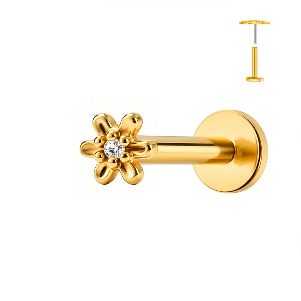 1 Stück G23 Titan Blumen-Piercing Flache Rückseite Ohrringe Push-In Labret Stud Stern Mond Helix Tragus Knorpel Körperschmuck – Detail 6