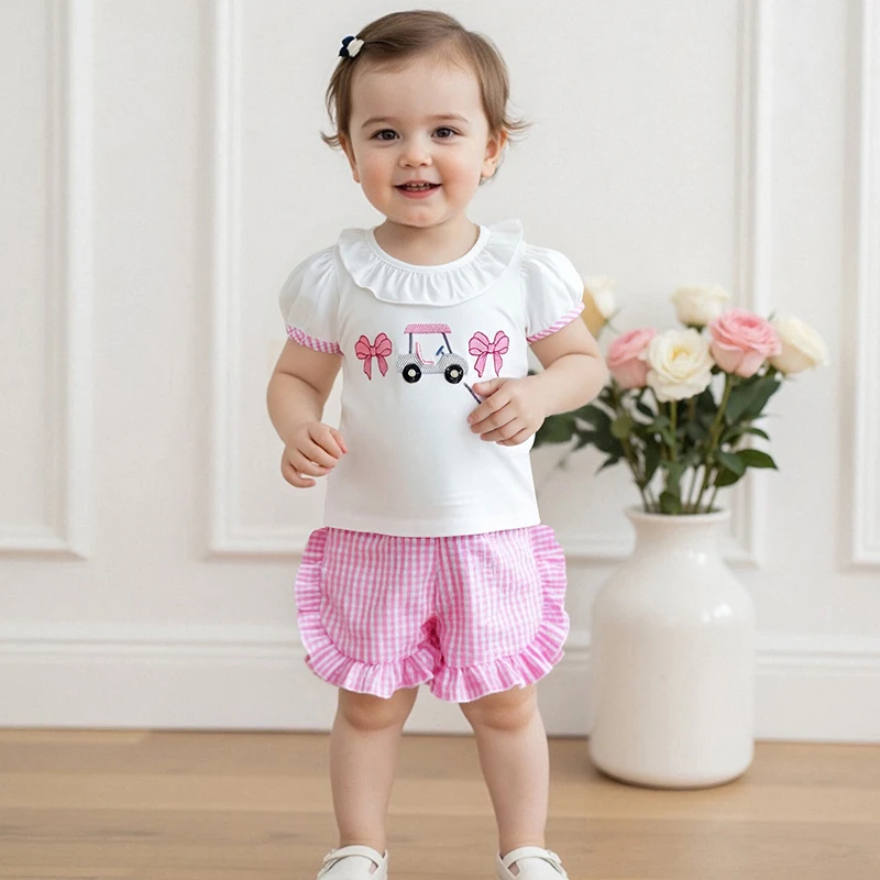 Tenue de Golf pour bébé fille de 0 à 3 ans, t-shirt à manches courtes brodé avec nœud de chariot, Short à volants à carreaux, ensemble d'été 2 pièces