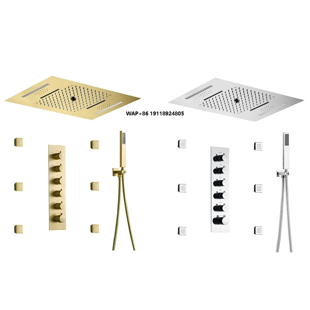 عمود دش بخاصية رش المياه على شكل شلال مع رشاش جانبي، نظام دش ثرموستاتي أسود مع إضاءة LED للحمام