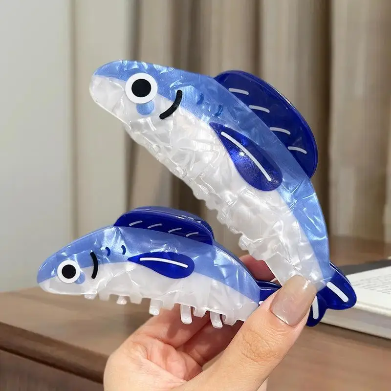 ユニークな青いイワシをテーマにしたヘアクリップ、滑り止め付き、軽量アセテートヘアピン