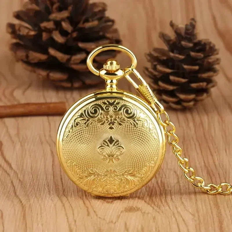 Luxury Yellow Gold Men Women Handwinding Mechanical Skeleton Pocket Watch Pendant Chain Clock Arabic Number Dial Watches Reloj