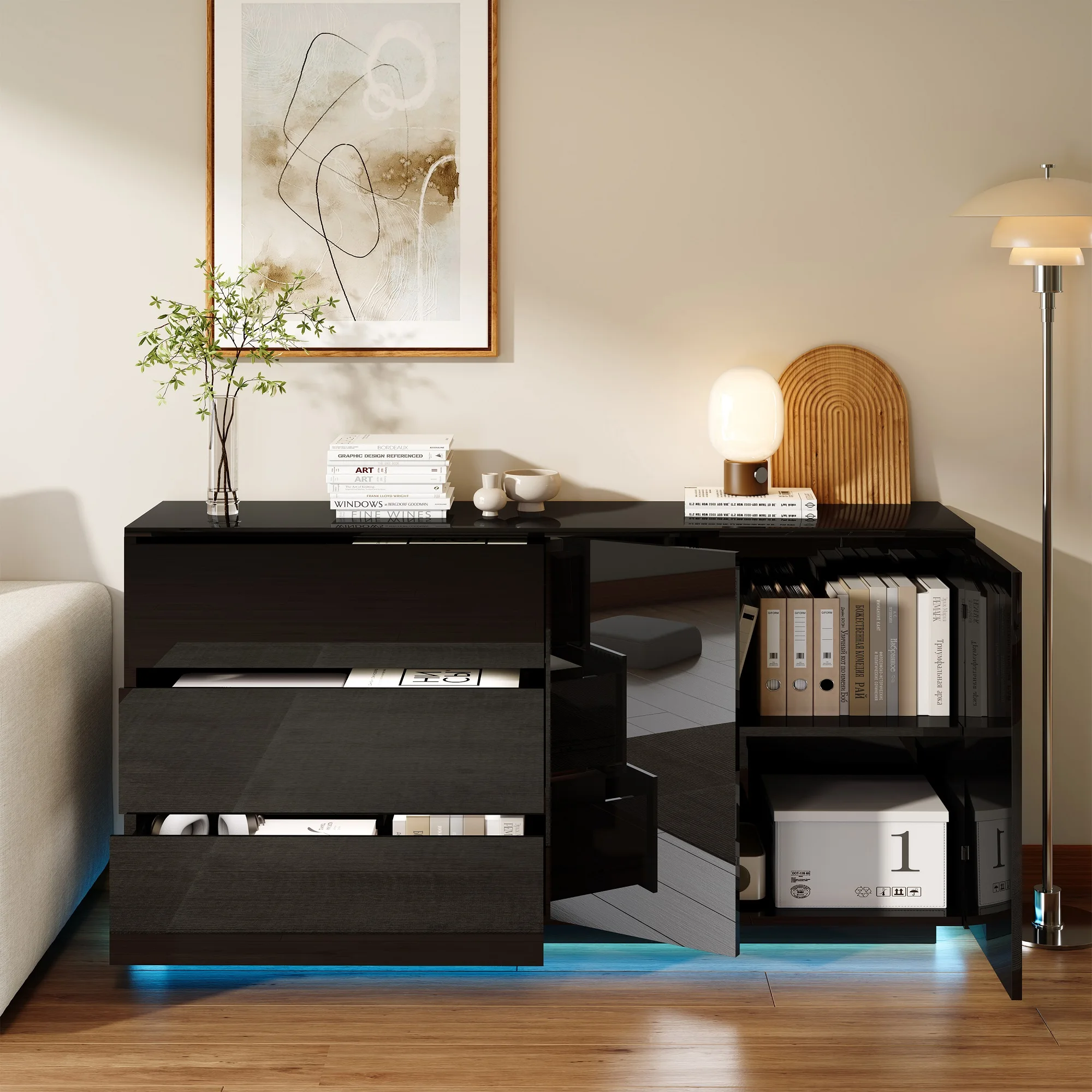 Rosahqnda Sideboard Hochglanzweiß mit LED, modernes Sideboard mit Tür und Schubladen, Buffetschrank, Kommode für die Küche – Detail 40