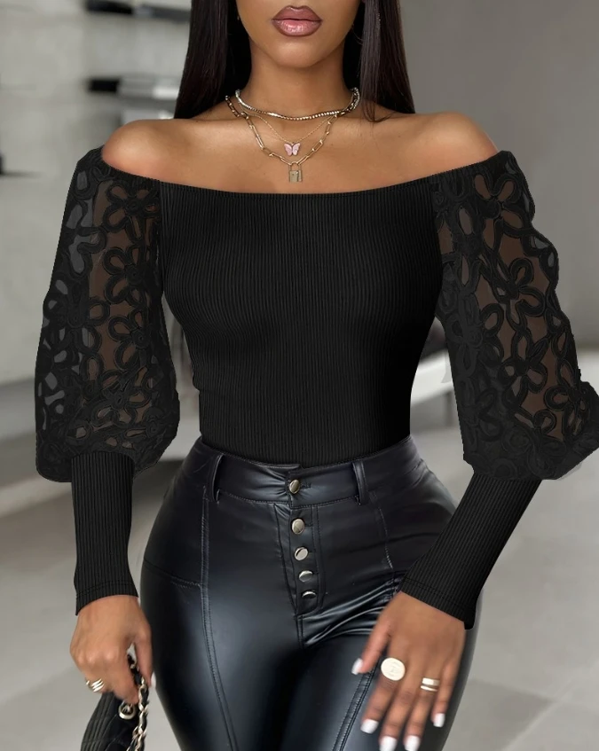 

Sexy Off Shoulder Tops Women Clothing Fashion Casual Fashion Spring Summer Solid Slim Sheer Mesh Patch Ribbed Pullover Blouses