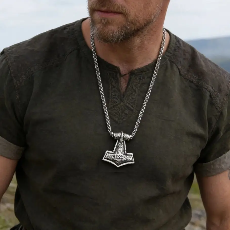 Viking Thor Hammer Mjolnir Necklace Stainless Steel Norse Mythology Amulet Pendant for Men Vintage Jewelry Gift with wooden box