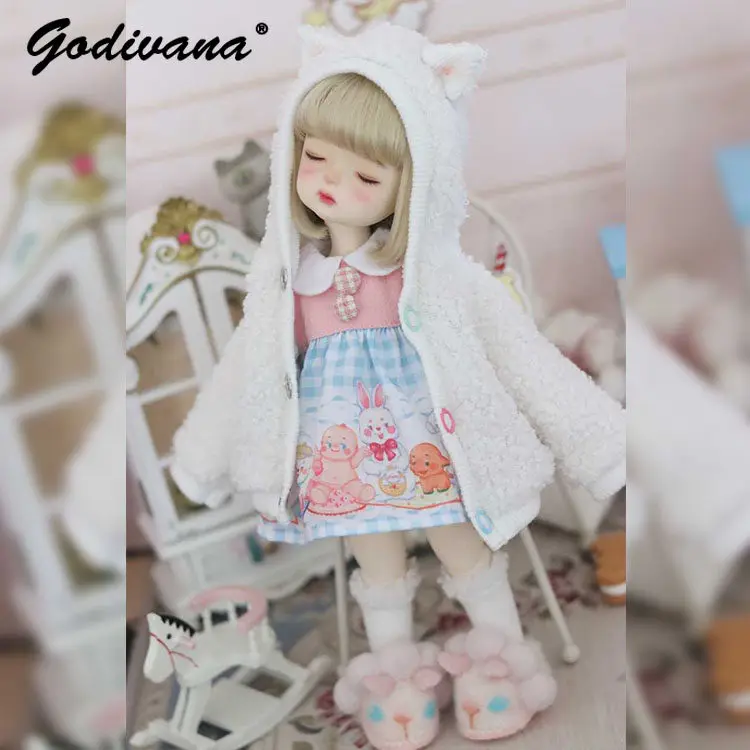 1/6 BJD Doll Clothes White Furry Hooded Loose Coat with Cat Ears Sweet Cute Plush Jacket Colorful Buttons Winter Warm Outfit