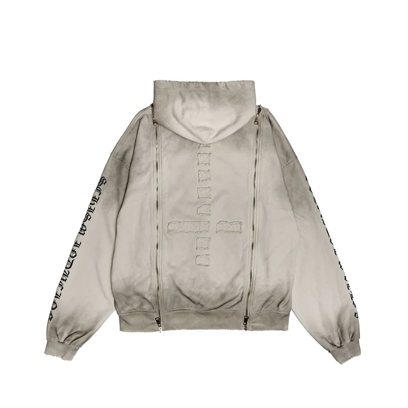 Americano retrò vecchio gradiente cerniera decorativa cardigan con cappuccio personalità vento di strada autunno e inverno moda nuovo maglione