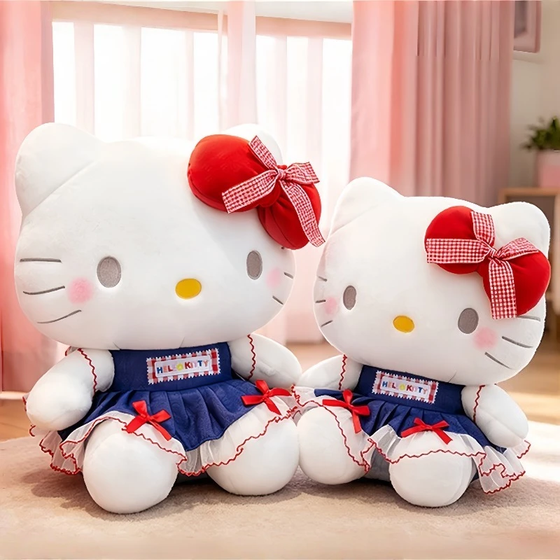 

32-60cm Hello Kitty Denim Style Plush Doll Kawaii Stuffed Toy Sanrio Plushies Comfortable Soft Hug Pillow Room Ornaments Gifts