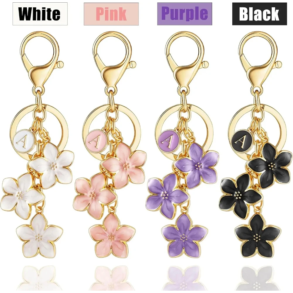 Enamel Cherry Blossom Flower Keychain Custom Initial Letter Bag Charm Cute Floral Purse Pendant Birthday Gift For Women