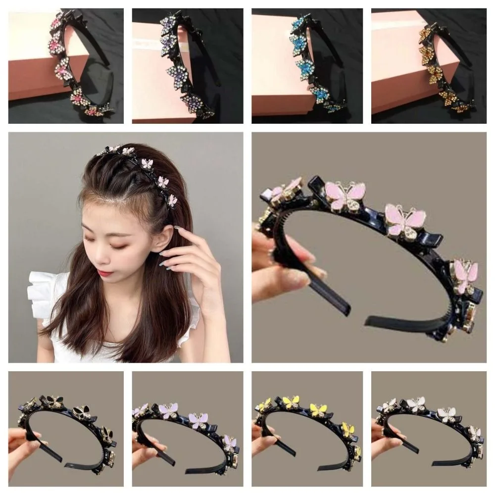 

Elegant Hair Bands with Clips Shiny French Style Rhinestone Bangs Clip Headband Sweet Headwear Women Butterfly Hair Hoop Daily