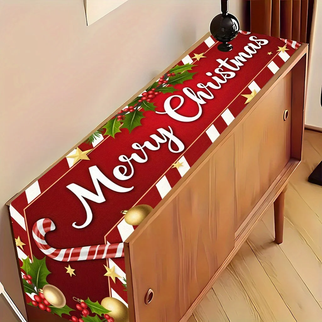 Merry Christmas Candy Cane Print Table Runner 1pc, Versatile for Restaurant, Home & Party Decor, Practical & Stain-Resistant