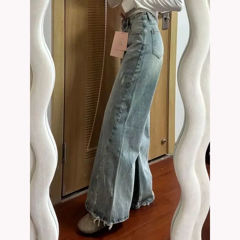 Y2K wijde pijpen jeans dames gewassen Amerikaanse retro hoog getailleerde broek versleten rechte pijpen herfst ontwerp slim fit