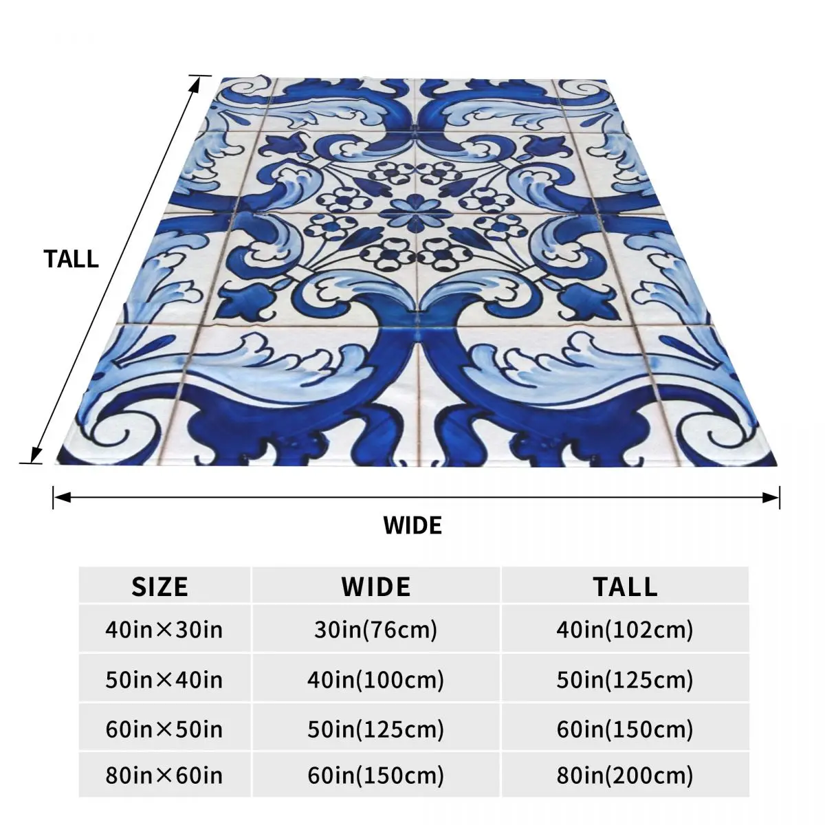 Antique Classic Lisbon Blue Azulejo Tile Floral Blanket Soft Warm Flannel Throw Blanket Plush for Bed Living room Home Sofa