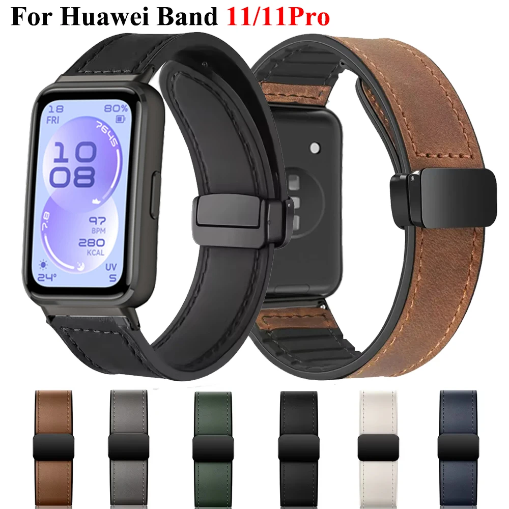 Bracelet en Silicone souple et cuir pour Huawei Band 11/11Pro, bracelet magnétique pour Huawei Band 11, accessoires pour hommes et femmes