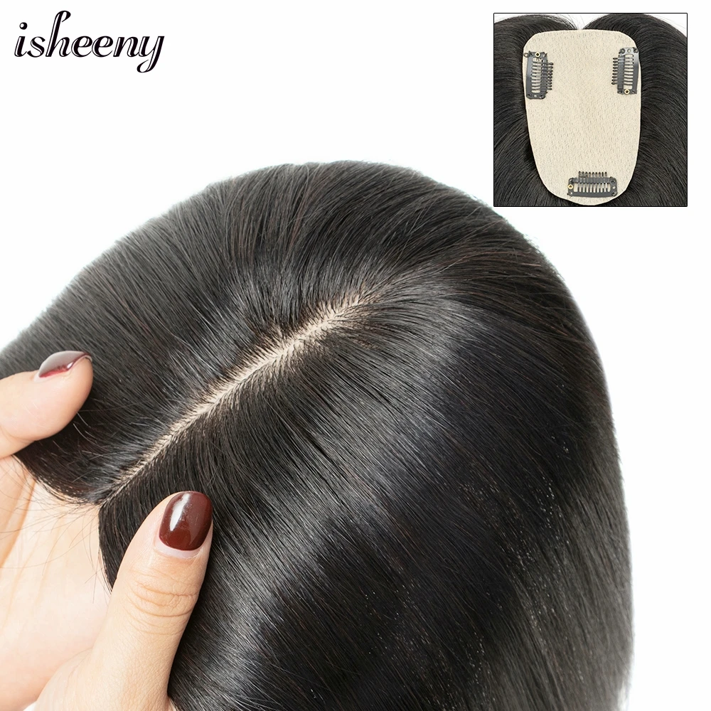 

isheeny 8x12cm Human Hair Piece Topper 12" 14" Injected Silk Skin Base Topper Toupee Natural Scalp Clip In Hairpiece no Bangs