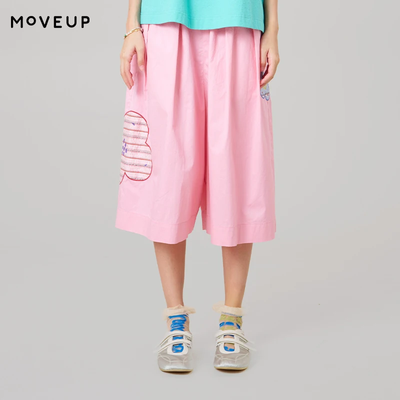 

MOVEUP Casual Fashionable Capri Pants 2026 Summer New Plaid Patch Embroidered Loose Straight Leg Pants For Women 3ELX20142