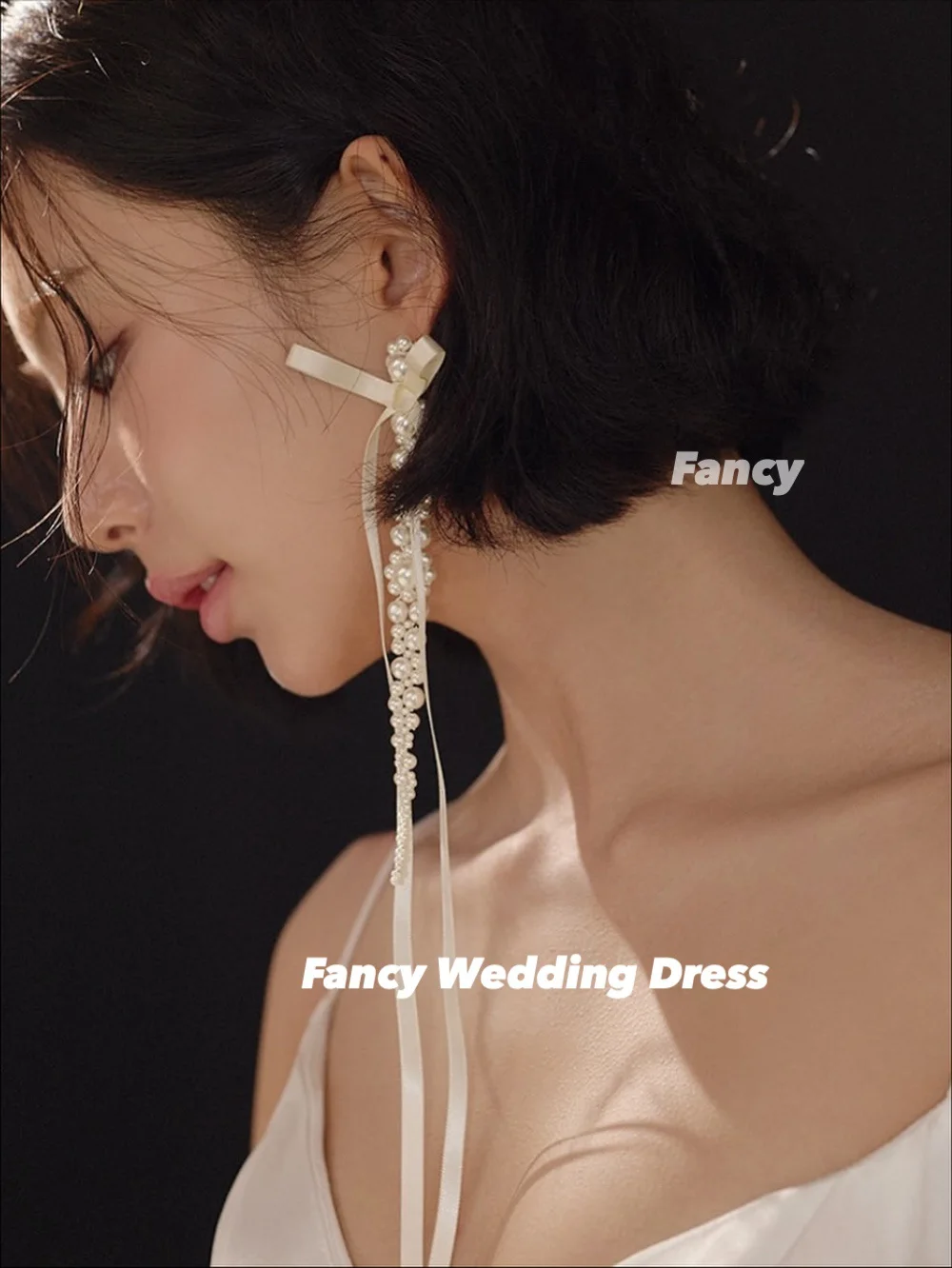 Fancy Simple Korea A Line Abito da sposa Servizio fotografico Senza spalline Abito da sposa in morbido raso Abito da sera a maniche corte Personalizzato