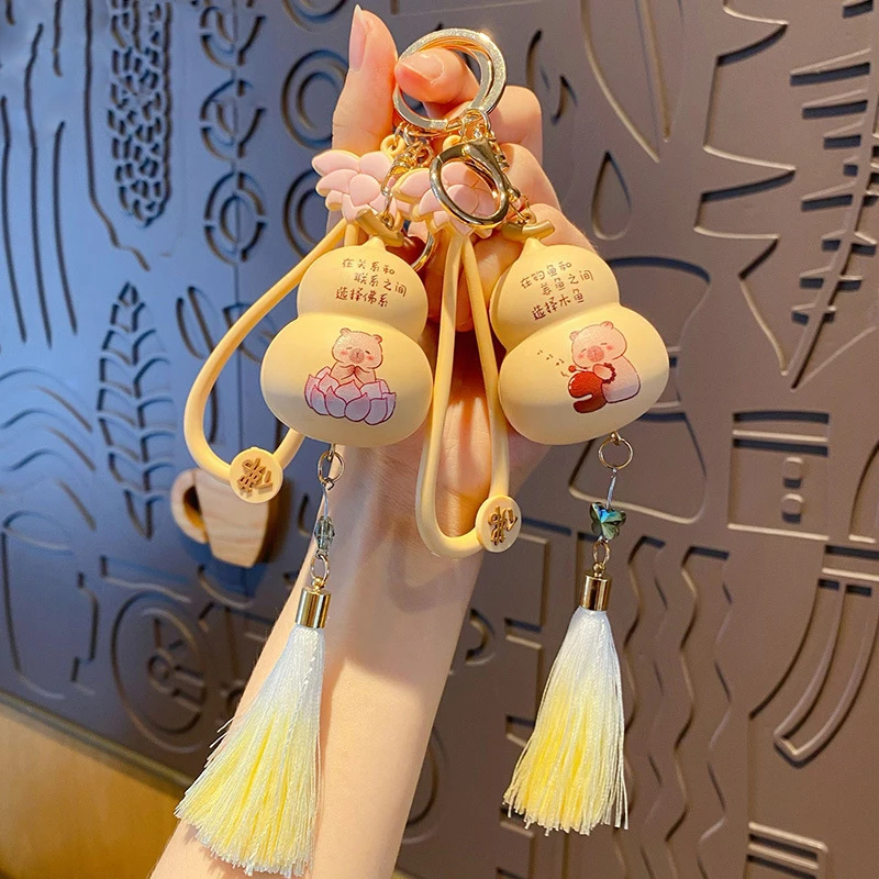 Creative Buddha Lotus Capibala Gourd Keychain Bag Pendant Cute Knock Wooden Fish Capybara Doll Men Women Car Key Chain Trinket