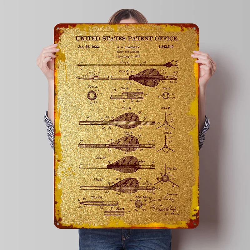 30 Archery Arrow Patent P Printing Poster Customized Retro Wall Art Vintage Metal Signs for Fans Bedroom Decoration Room Decor