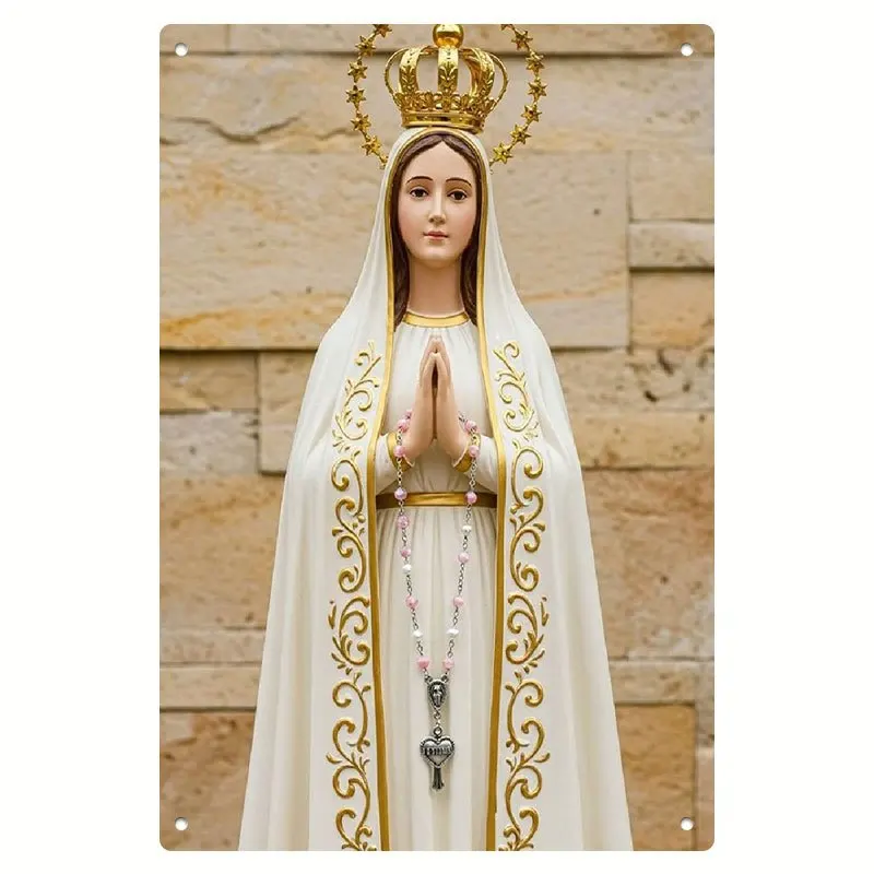 HD Metal Tin Sign, Our Lady of Fatima Statue with Crown and Rosary, Religious Wall Art Decor