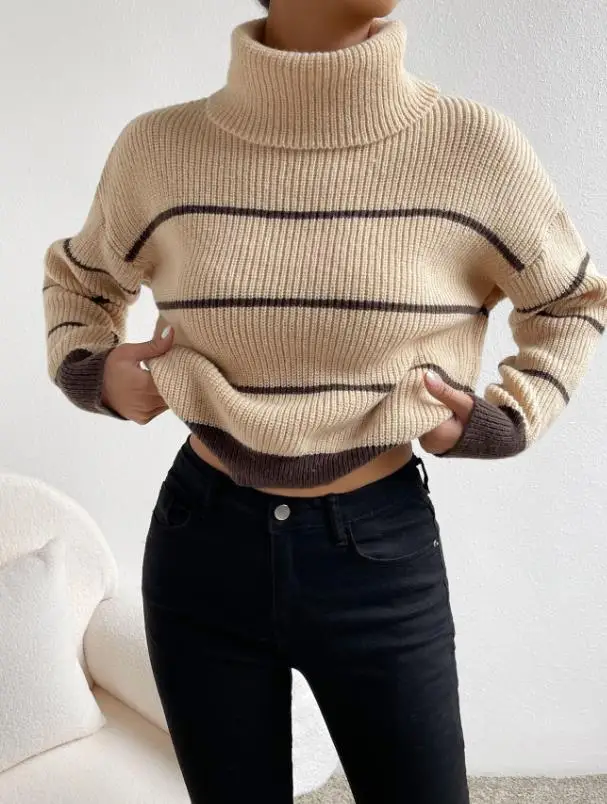 2025年秋冬 ハイネックストライプニットセーター レディース カジュアル エレガント 通勤 長袖ニットセーター