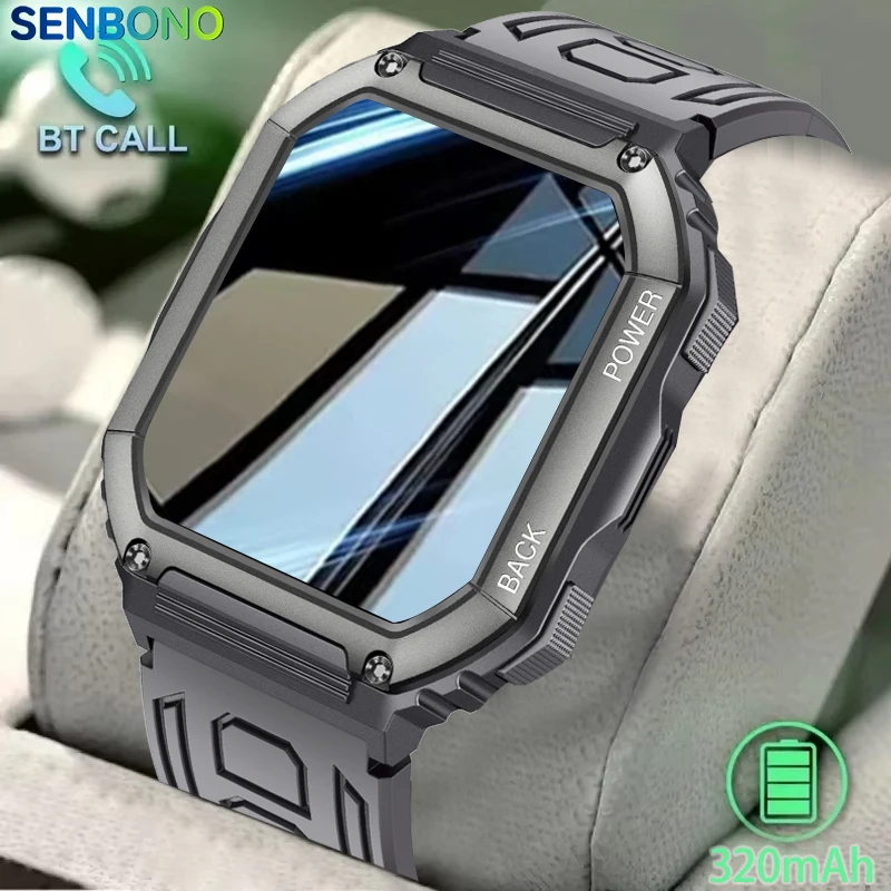 SENBONO New Men Smart Watch Bluetooth Call 1.80inch Big Screen 320mAh Big Battery Fitness Tracker Smartwatch for Android iOS