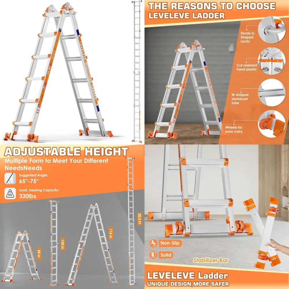 سلم ألومنيوم ذو 6 خطوات مع وصلة 22 قدم، وقضيب تثبيت وعجلات، وقدرة تحميل 330 رطل، مثالي للاستخدام متعدد المواضع