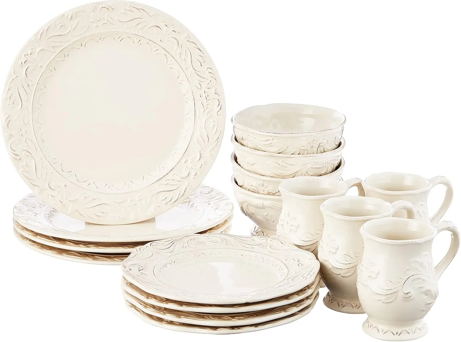 

Firenze Ivory 16-Piece Ceramic Dinnerware Set, Service for 4 – Embossed Plates, Mugs & Bowls in Elegant Vintage White – Classic