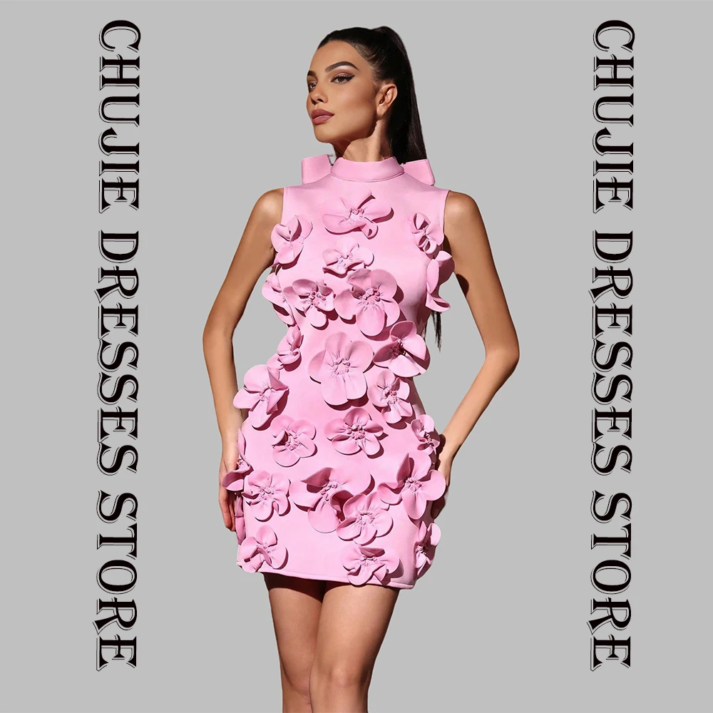 

Pink Flowers HIgh Neck Women Customized Party Birthday Gowns vestidos graduación Mini Cocktail Dresses Mermaid Homecoming Dress