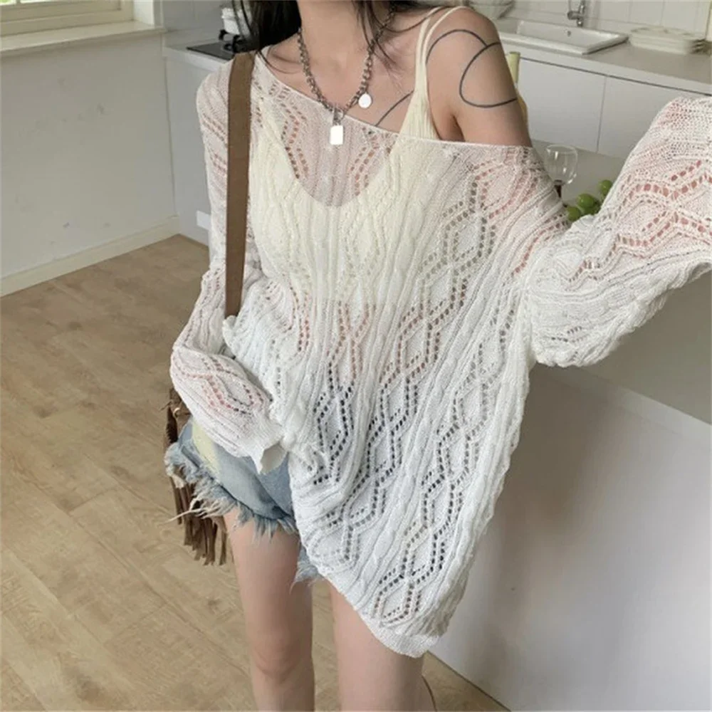 2024 Girl Hole Lazy Style Full Sleeves Jumpers Tops Hollow Out Sexy Women Fashion Casual Streetwear Femme Sweaters Pullovers