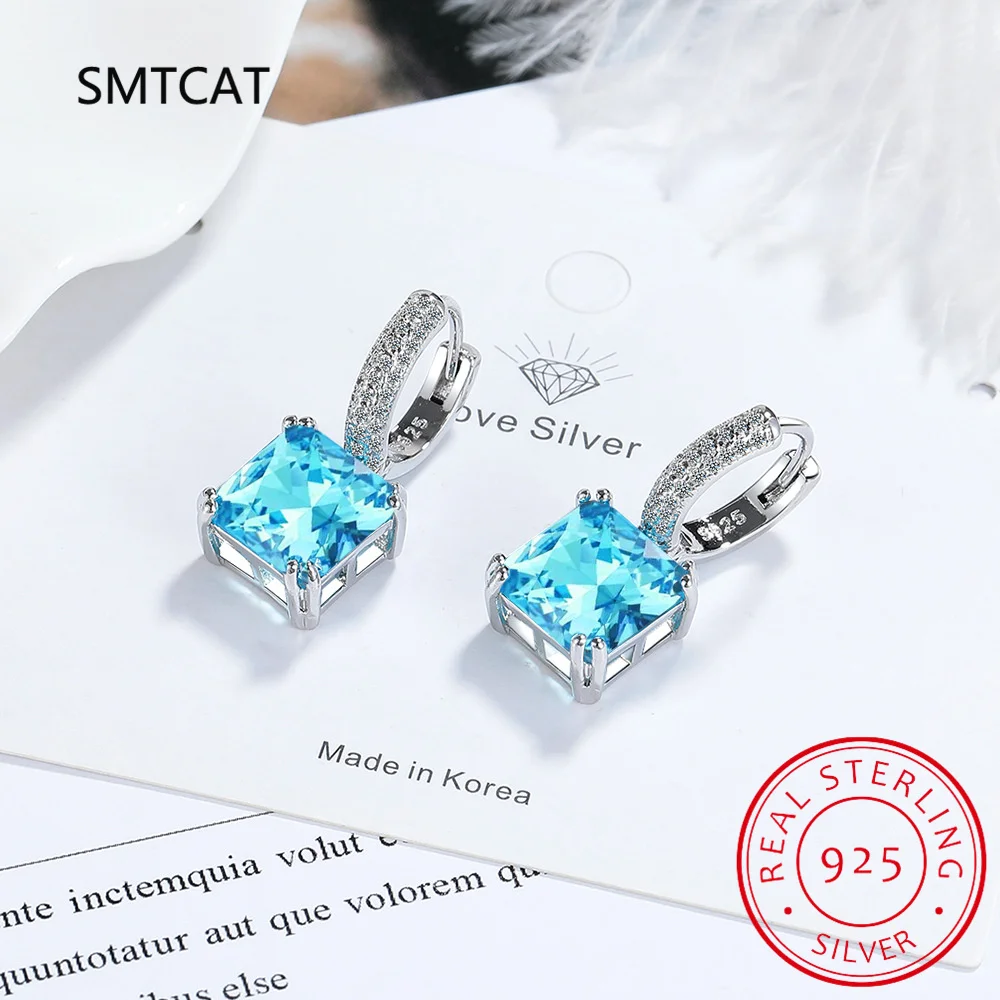 1.4ct Princess Cut Sky Blue Topaz 925 Sterling Silver Hoop Earrings for Woman Fashion Wedding Anniversary Gift