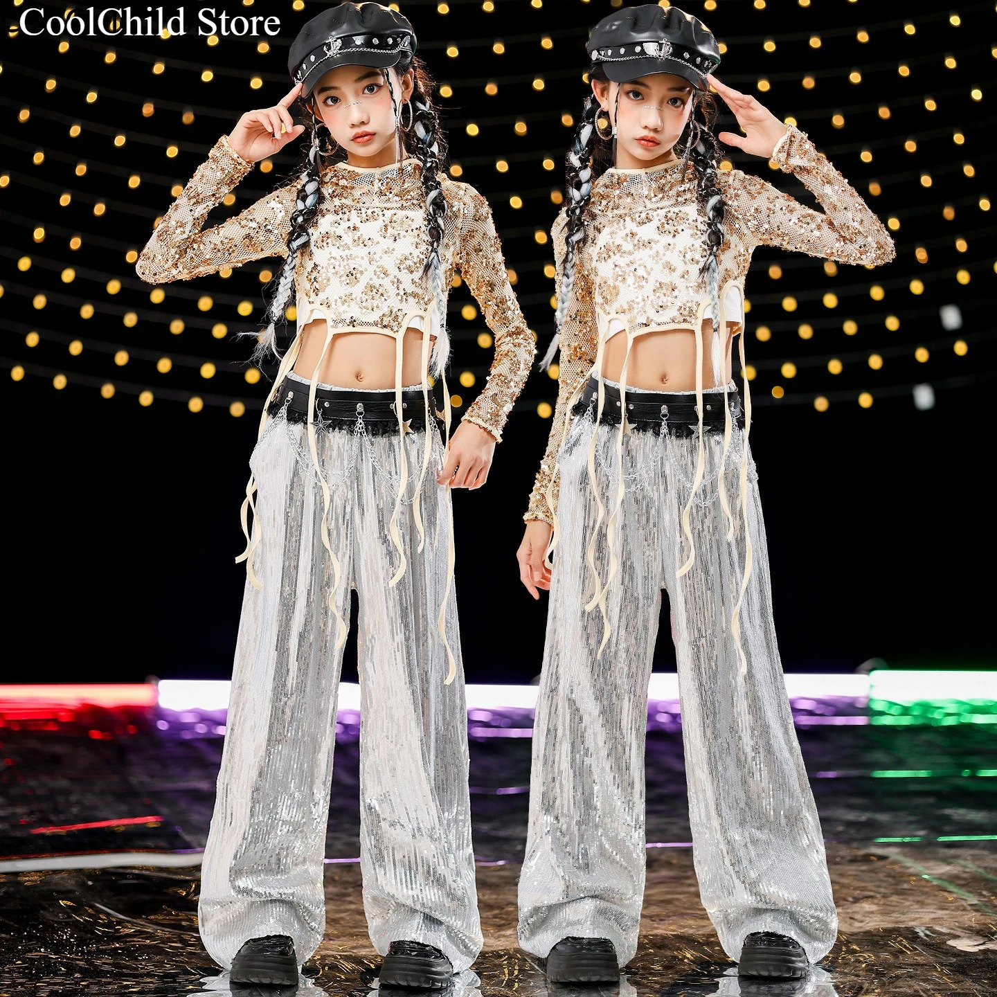 

Girls K-pop Sequin Shiny Crop Hoodies Cargo Pants Child Street Dance Costume Kids Hip Hop Streetwear Jazz Girl Group Clothes Set