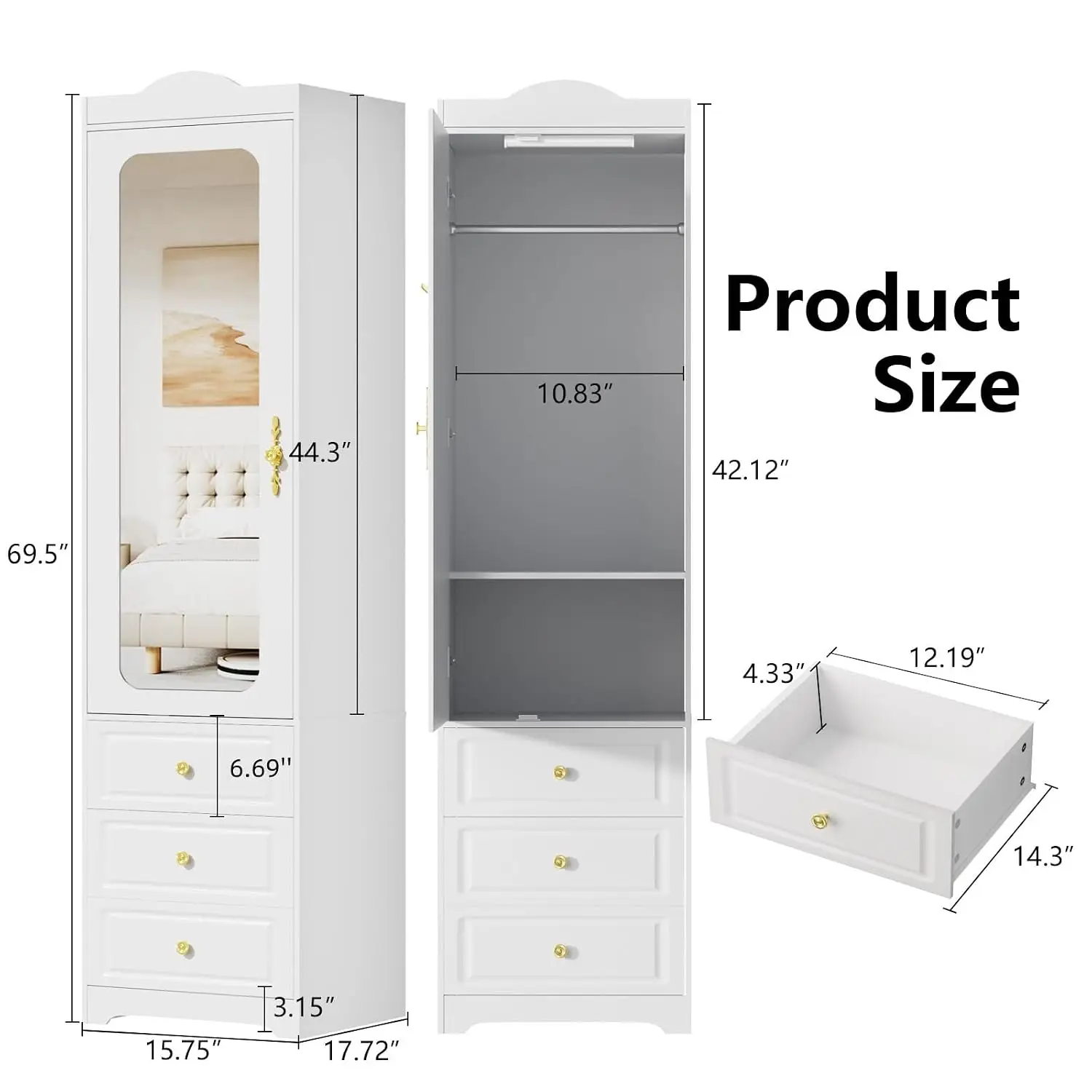White Armoire Wardrobe with Mirror Door, 6 Drawers, Hanging Rod & Sensor Light, 15.7